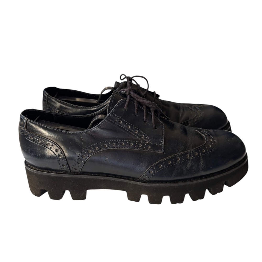 Propaganda Italy Navy Blue Leather Wingtip Brogue Chunky Lug Platform Oxfords 39